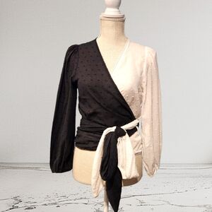 Farm Rio x Anthropologie Black and White Asymmetrical Wrap Blouse - Size Small